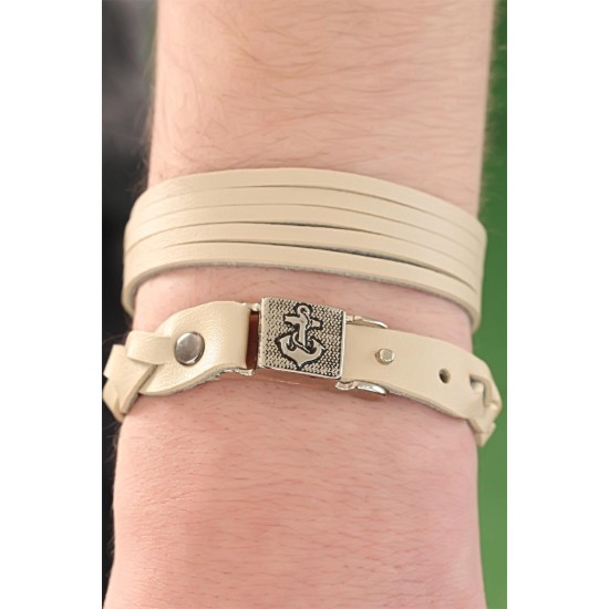 Krem Renk Deri Erkek Bileklik Kombin - TJ-EB2799