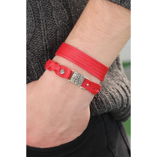 Metal Aksesuarlı Kırmızı Renk Deri Erkek Bileklik Kombin - TJ-EB2803