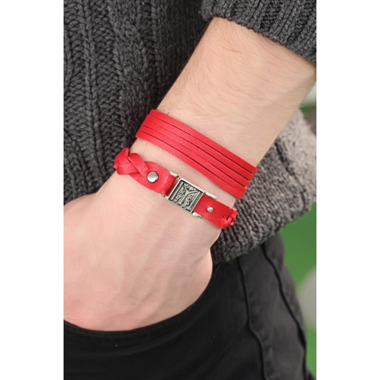 Desenli Metal Aksesuarlı Kırmızı Deri Erkek Bileklik Kombin - TJ-EB2806