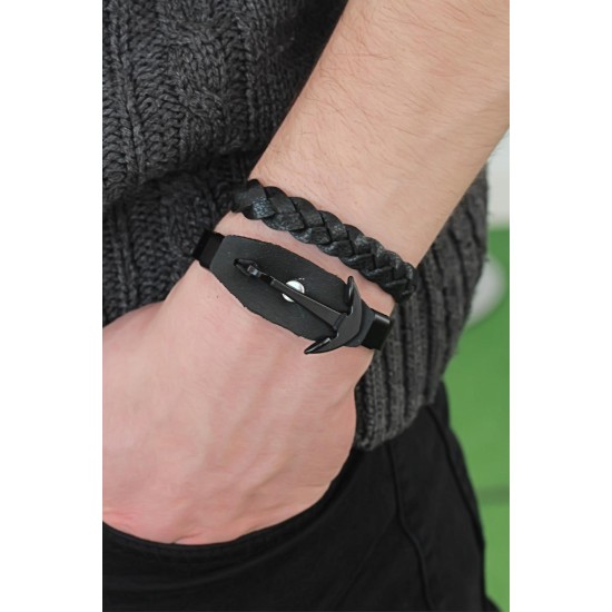 Deniz Çapalı Siyah Renk Deri Erkek Bileklik Kombin - TJ-EB2815
