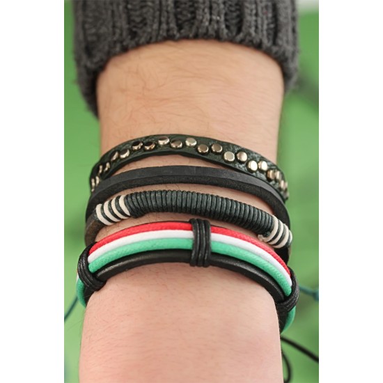 Karışık Renkli Çoklu Deri Erkek Bileklik Kombin - TJ-EB2843