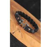 Siyah Renk Örgü Model Çapa Aksesuarlı Deri Erkek Bileklik - TJ-EB2850