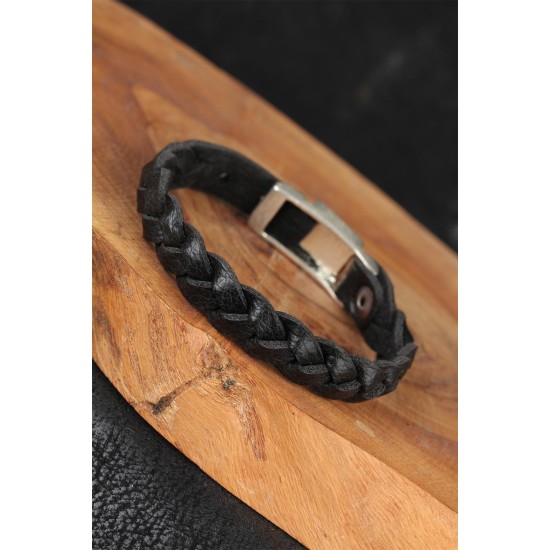 Siyah Örgü Model Deri Erkek Bileklik - TJ-EB2866