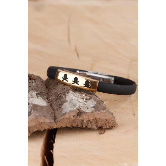 Siyah Silikon Sarı Renk Çelik Aksesuar Kuru Kafa Detaylı Erkek Bileklik - TJ-EB930