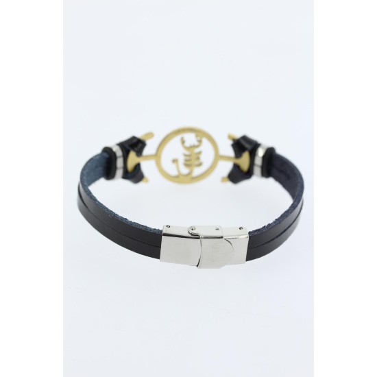 Gold Renk Çelik Akrep Figürlü Metal Aksesuarlı Siyah Renk Deri Erkek Bileklik - TJ-EB1338