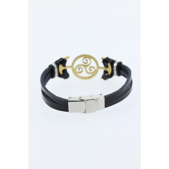 Gold Renk Metal Aksesuarlı Siyah Renk Deri Erkek Bileklik - TJ-EB1346