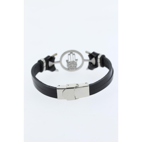Silver Renk Fatma Ana Eli Figürlü Metal Aksesuarlı Siyah Renk Deri Erkek Bileklik - TJ-EB1356