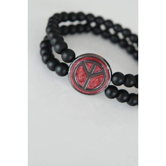 Barış Figürlü Bordo Renk Füme Metal Aksesuarlı Çift Sıra Oniks Doğal Taş Erkek Bileklik - TJ-EB1509