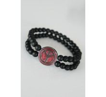 Barış Figürlü Bordo Renk Füme Metal Aksesuarlı Çift Sıra Oniks Doğal Taş Erkek Bileklik - TJ-EB1509