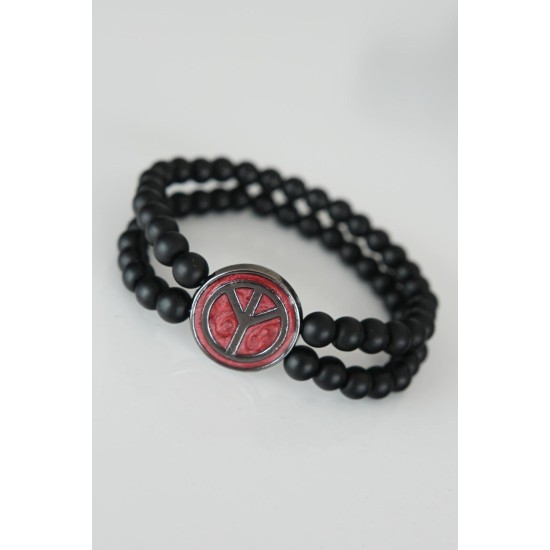 Barış Figürlü Bordo Renk Füme Metal Aksesuarlı Çift Sıra Oniks Doğal Taş Erkek Bileklik - TJ-EB1509