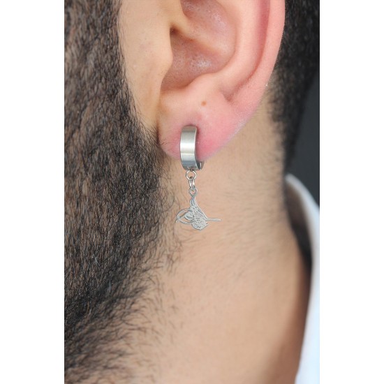 Silver Renk Kaplama Osmanlı Tuğra Figürlü Kıstırmalı Çelik Erkek Küpe - TJ-EKP117