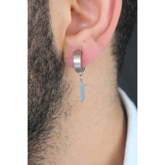 Silver Renk Kaplama Kılıç Figürlü Çelik Kıstırmalı Erkek Küpe - TJ-EKP129