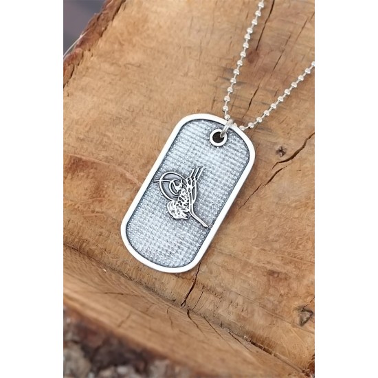 Top Zincirli Osmanlı Tuğrası Tasarım Eskitme Gümüş Renk Kolye - TJ-ERK641-KS