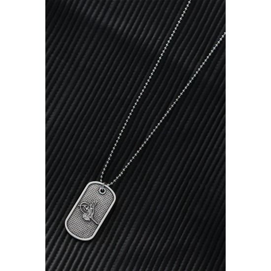 Top Zincirli Osmanlı Tuğrası Tasarım Eskitme Gümüş Renk Kolye - TJ-ERK641-KS