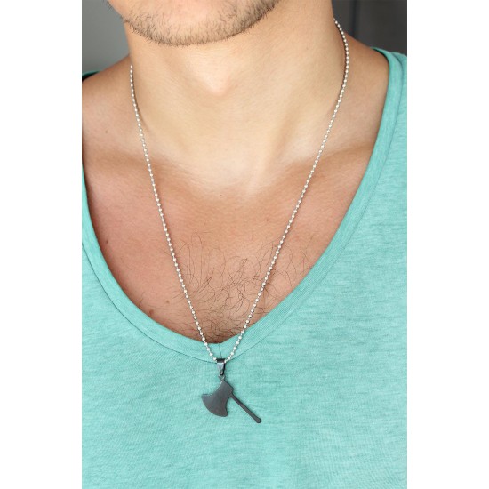 Siyah Renk Metal Balta Uçlu Top Zincirli Erkek Kolye - TJ-ERK754-KS