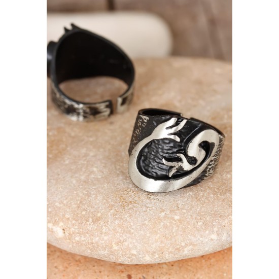 Lale Figürlü Füme Gri Renk Ayarlamalı Erkek Yüzük - TJ-EY168