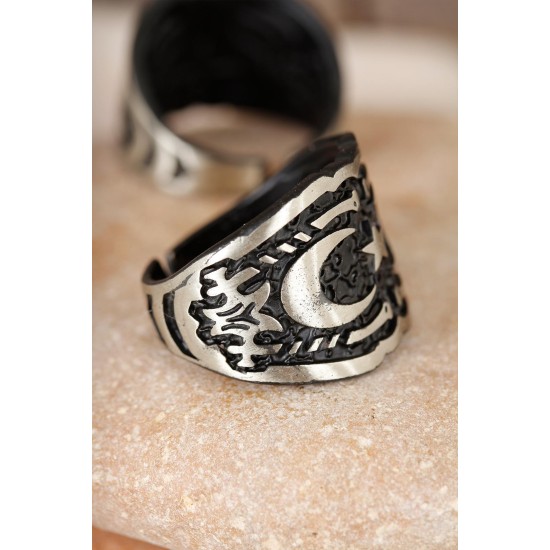 Çift Hilal Figürlü Kare Füme Gri Renk Ayarlamalı Erkek Yüzük - TJ-EY174