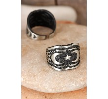 Çift Hilal Figürlü Kare Füme Gri Renk Ayarlamalı Erkek Yüzük - TJ-EY174