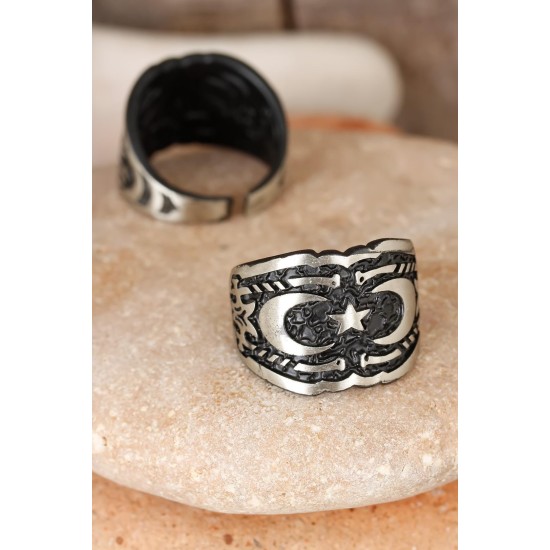 Çift Hilal Figürlü Kare Füme Gri Renk Ayarlamalı Erkek Yüzük - TJ-EY174