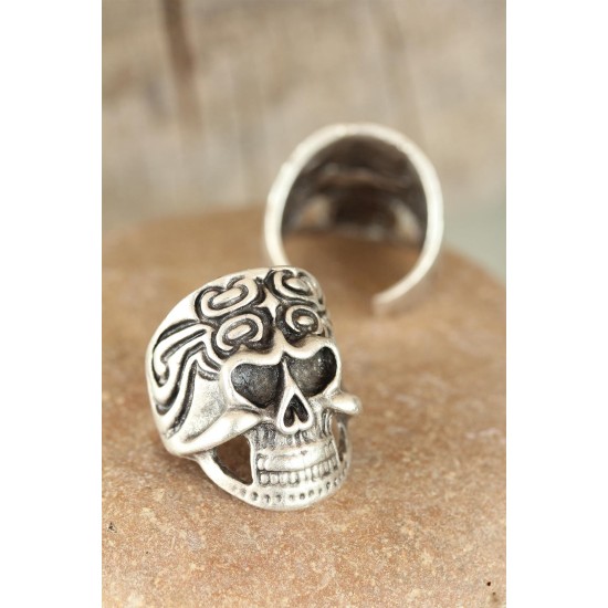 Eskitme Gümüş Renk Kuru Kafalı Erkek Ayarlamalı Yüzük - TJ-EY190