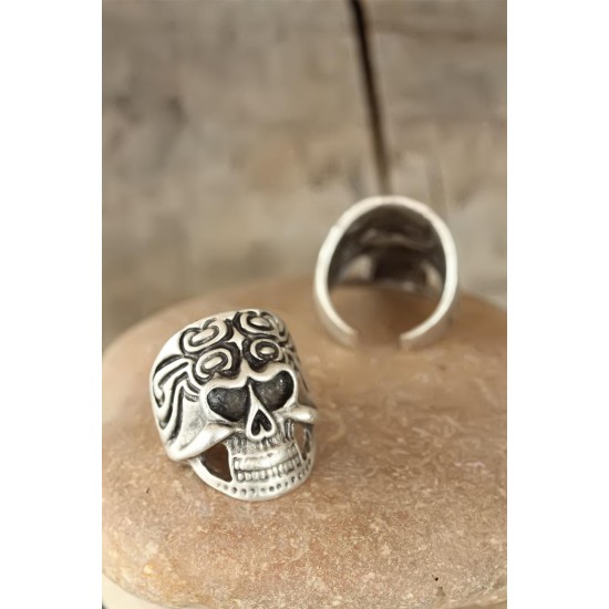 Eskitme Gümüş Renk Kuru Kafalı Erkek Ayarlamalı Yüzük - TJ-EY190