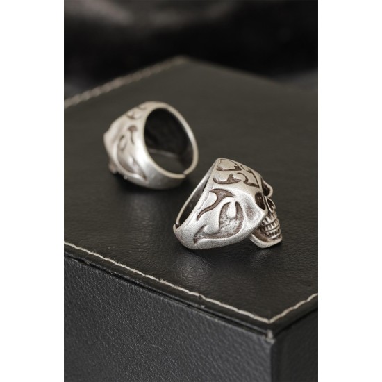 Kuru Kafa Tasarımlı Eskitme Gümüş Desenli Ayarlamalı Model Erkek Yüzük - TJ-EY209