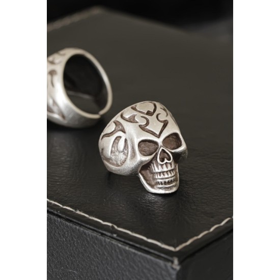 Kuru Kafa Tasarımlı Eskitme Gümüş Desenli Ayarlamalı Model Erkek Yüzük - TJ-EY209