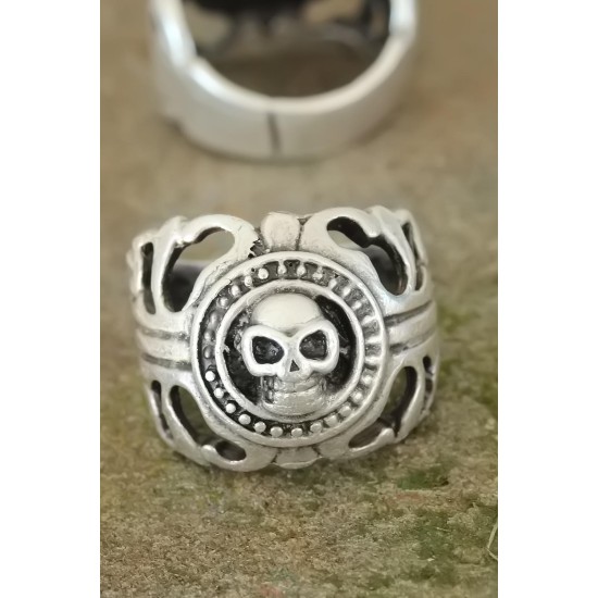 Eskitme Gümüş Renk Metal Kuru Kafa Tasarım Ayarlamalı Erkek Yüzük - TJ-EY230-KS