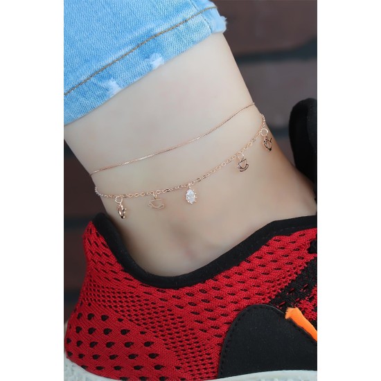 Zirkon Taşlı Rose Renk Çift Zincirli Hal Hal - TJ-HH1008-KS