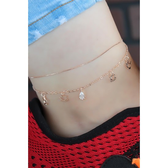 Zirkon Taşlı Rose Renk Çift Zincirli Hal Hal - TJ-HH1008-KS