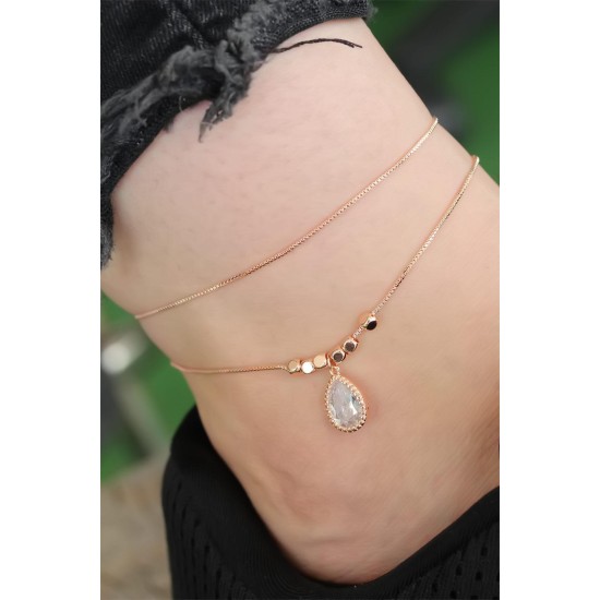 Rose Gold Renk Zirkon Damla Taşlı Halhal - TJ-HH1151-KS