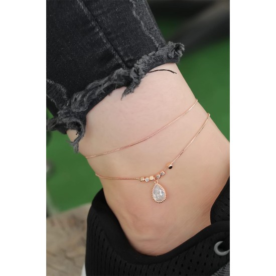 Rose Gold Renk Zirkon Damla Taşlı Halhal - TJ-HH1151-KS