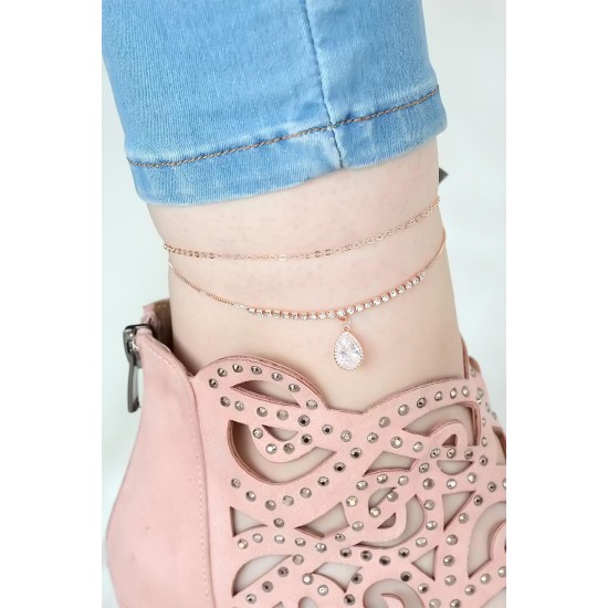 Rose Renk Çift Zincirli Damla Taşlı Hal Hal - TJ-HH821-KS