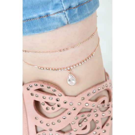 Rose Renk Çift Zincirli Damla Taşlı Hal Hal - TJ-HH821-KS