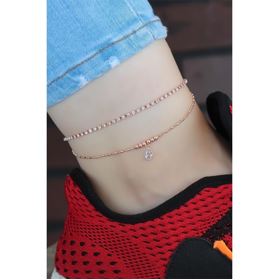 Zirkon Taşlı Rose Renk Kaplama Çift Zincirli Hal Hal - TJ-HH991-KS