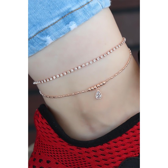 Zirkon Taşlı Rose Renk Kaplama Çift Zincirli Hal Hal - TJ-HH991-KS