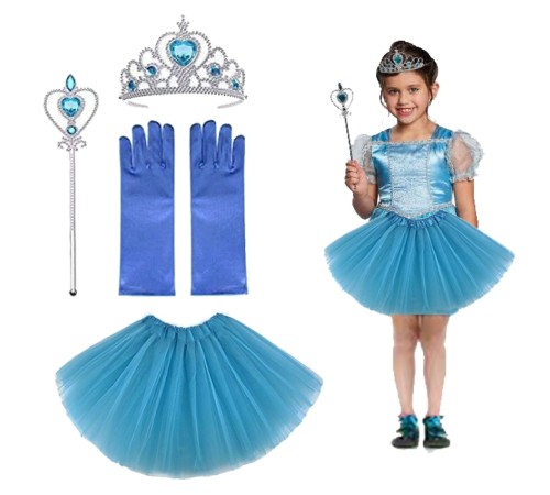 toptan-xml-dropshipping-Çocuk Elsa Kostümü Elsa Eteği Eldiveni Tacı ve Asası 4 lü Set
