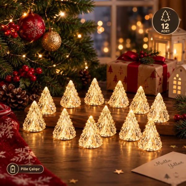 Dekoratif Yılbaşı Çam Ağacı Şekilli Led Lamba 12'li Paket