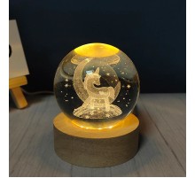 Dekoratif Ay içinde Unicorn Tasarımlı Ahşap Altlıklı Işıklı Cam Küre Cam Büyük Boy 8 Cm MZ4-2312