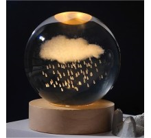 Dekoratif Bulut ve Yağmur Tasarımlı Ahşap Altlıklı Işıklı Cam Küre Cam 6 Cm Ahşap 2 Cm