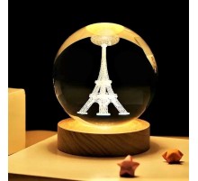 Dekoratif Eyfel Kulesi Tasarımlı Ahşap Altlıklı Işıklı Cam Küre Cam 6 Cm Ahşap 2 Cm