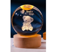 Dekoratif Ayıcık Tasarımlı Ahşap Altlıklı Işıklı Cam Küre Cam 6 Cm Ahşap 2 Cm