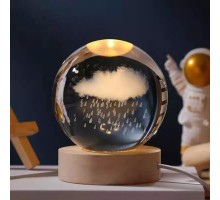Dekoratif Bulut ve Yağmur Tasarımlı Ahşap altlıklı Işıklı Cam Küre Büyük BoyCam:8cm Ahşap:2cm