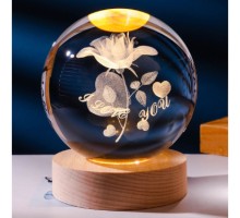 Dekoratif Gül I Love You Tasarımlı Ahşap altlıklı Işıklı Cam Küre Büyük Boy Cam:8cm Ahşap:2cm