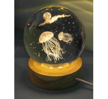 Dekoratif Deniz Anası Tasarımlı Ahşap altlıklı Işıklı Cam Küre Büyük Boy Cam:8cm Ahşap:2cm