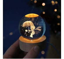 Dekoratif Küçük Prens Tasarımlı Ahşap Altlıklı Işıklı Cam Küre Cam:6cm Ahşap:2cm