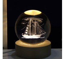 Dekoratif Gemi Tasarımlı Ahşap Altlıklı Işıklı Cam Küre Cam 6 Cm Ahşap 2 Cm