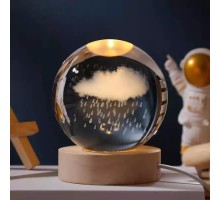 Dekoratif Bulut ve Yağmur Tasarımlı Ahşap Altlıklı Işıklı Cam Küre