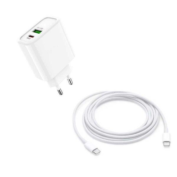 toptan-xml-dropshipping-20 Watt 1x USB-A 1x USB-C 1 Mt Type-C to Type-C Kablo Hızlı Şarj Özellikli Adaptör + Kablo AC96