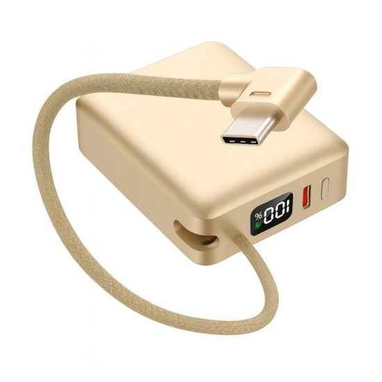 toptan-xml-dropshipping-10.000mAh LCD Göstergeli Type-C Giriş & Çıkışlı 20W Dahili Type-C Kablolu Powerbank